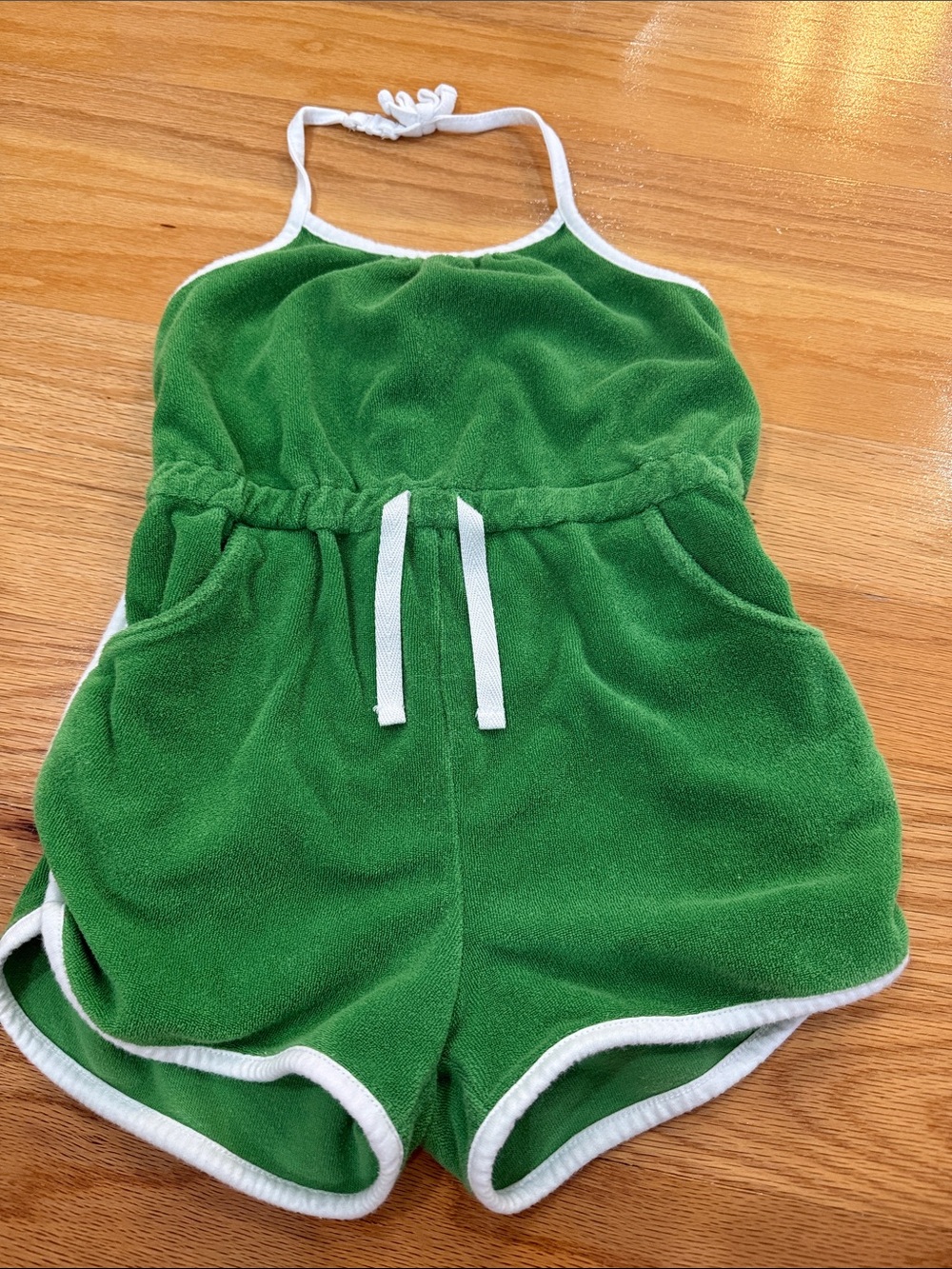 Janie and Jack Green Terry Cloth Halter Romper with White Trim
